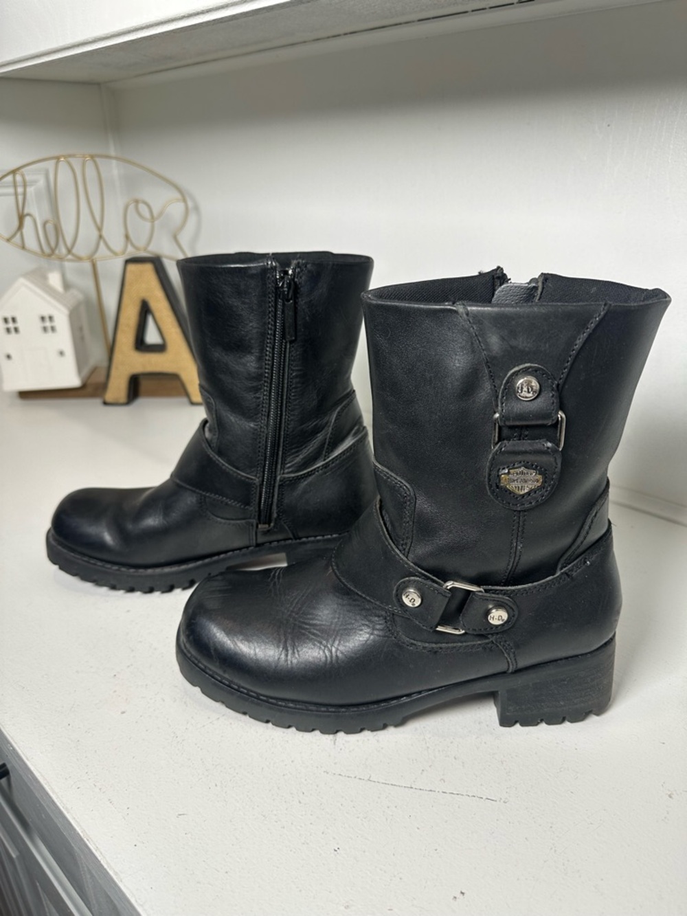 Harley Davidson Harness Moto Boots Womens 8 Black Leather Biker Zipper Combat